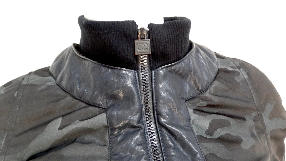 Chanel 2008 Black Camouflage & Blue Leather Bomber Jacket