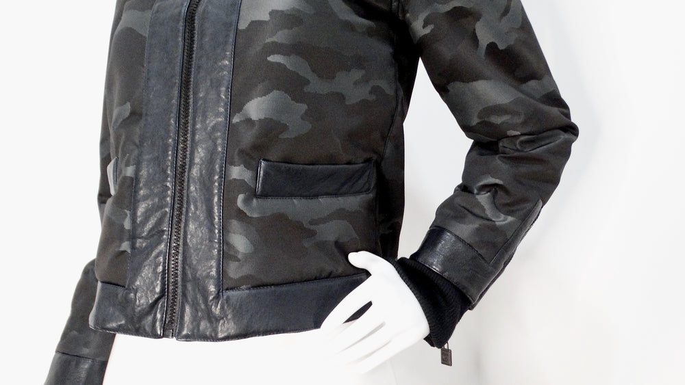 Chanel 2008 Black Camouflage & Blue Leather Bomber Jacket