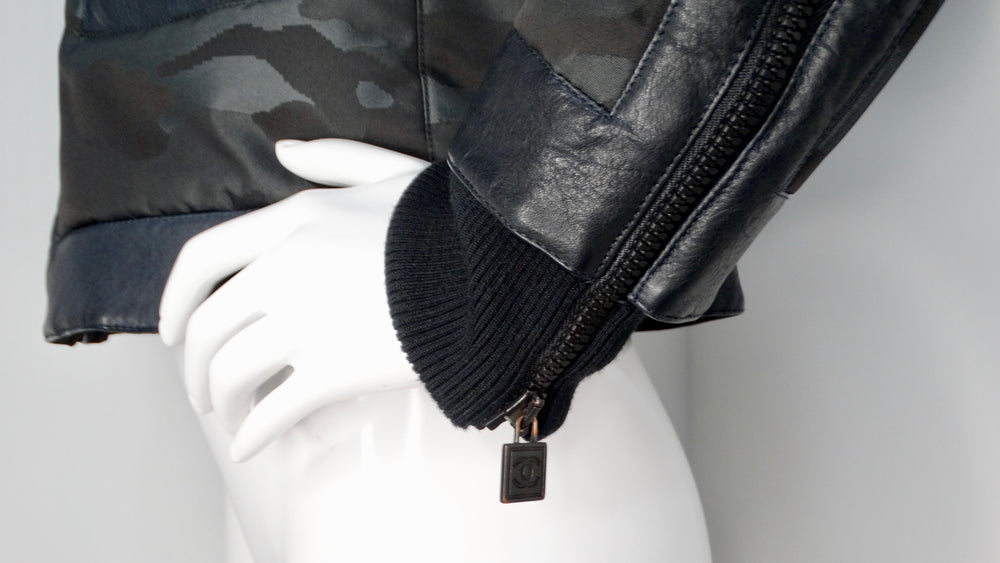 Chanel 2008 Black Camouflage & Blue Leather Bomber Jacket