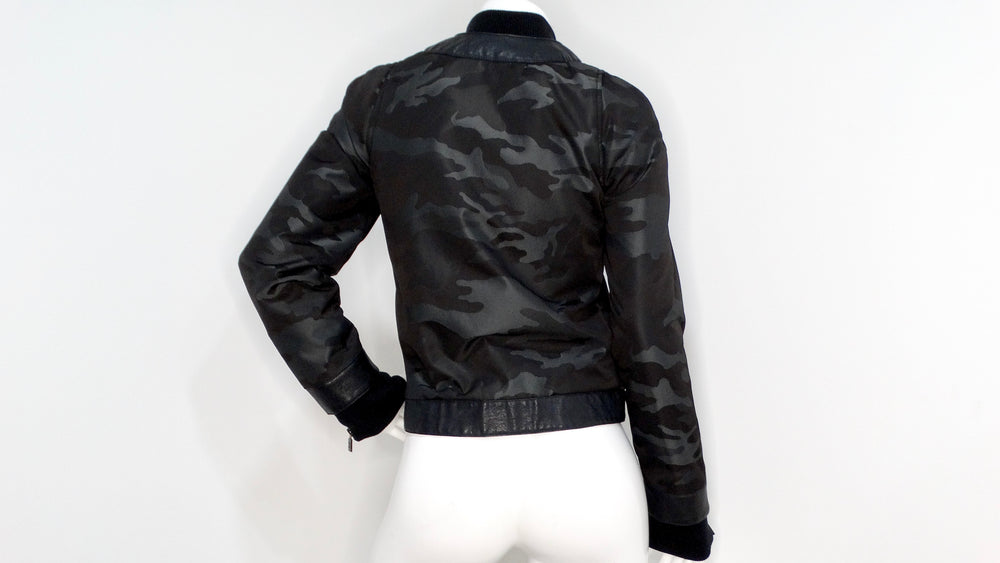 Chanel 2008 Black Camouflage & Blue Leather Bomber Jacket