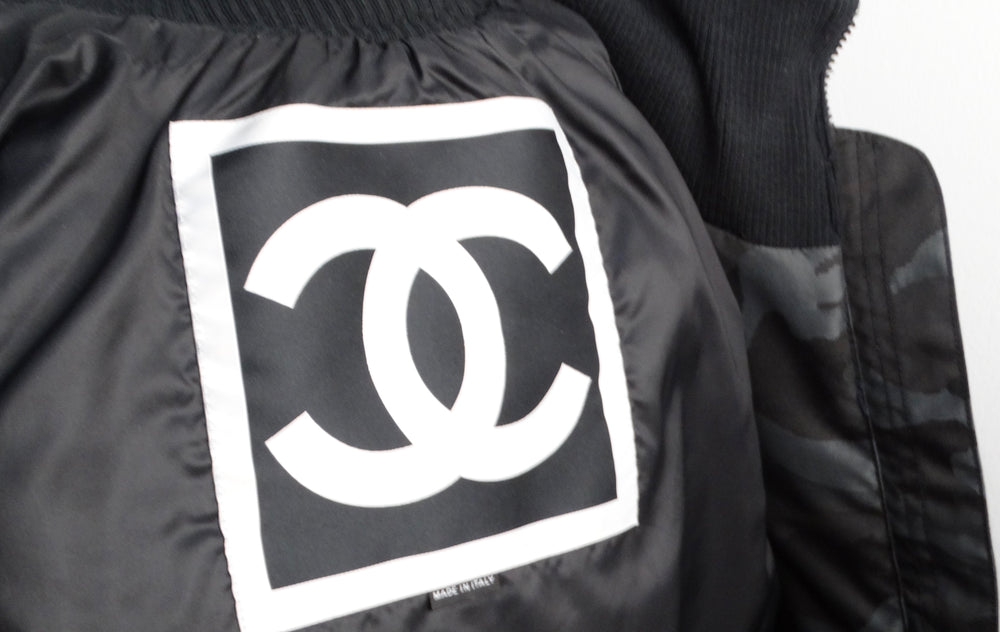 Chanel 2008 Black Camouflage & Blue Leather Bomber Jacket