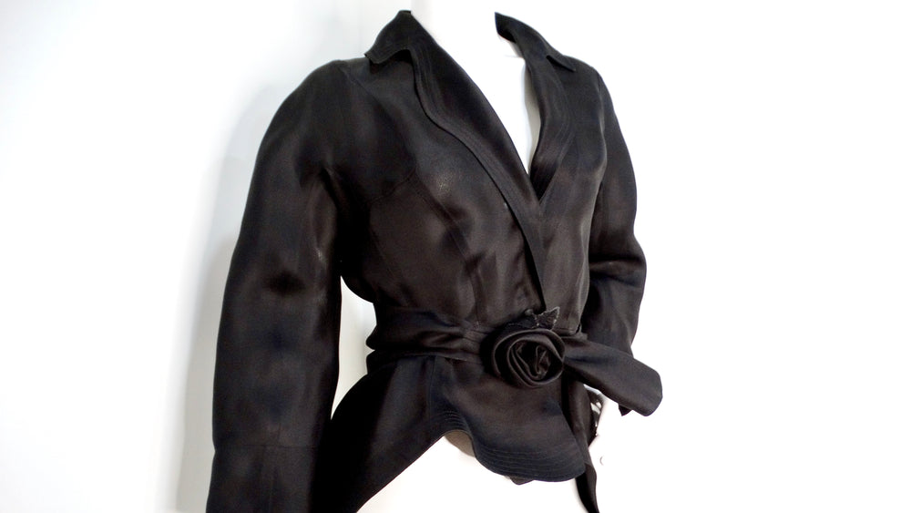 Thierry Mugler 1990s Black Silk Sheer Rose Belted Jacket