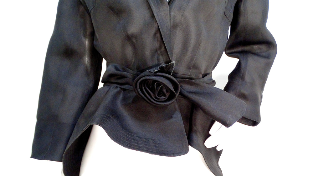 Thierry Mugler 1990s Black Silk Sheer Rose Belted Jacket