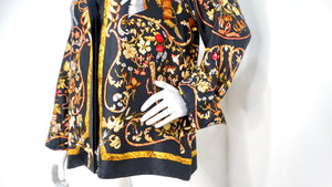 Hermes 1980s Floral and Bird Print Silk Button-Up Long-sleeve Shirt