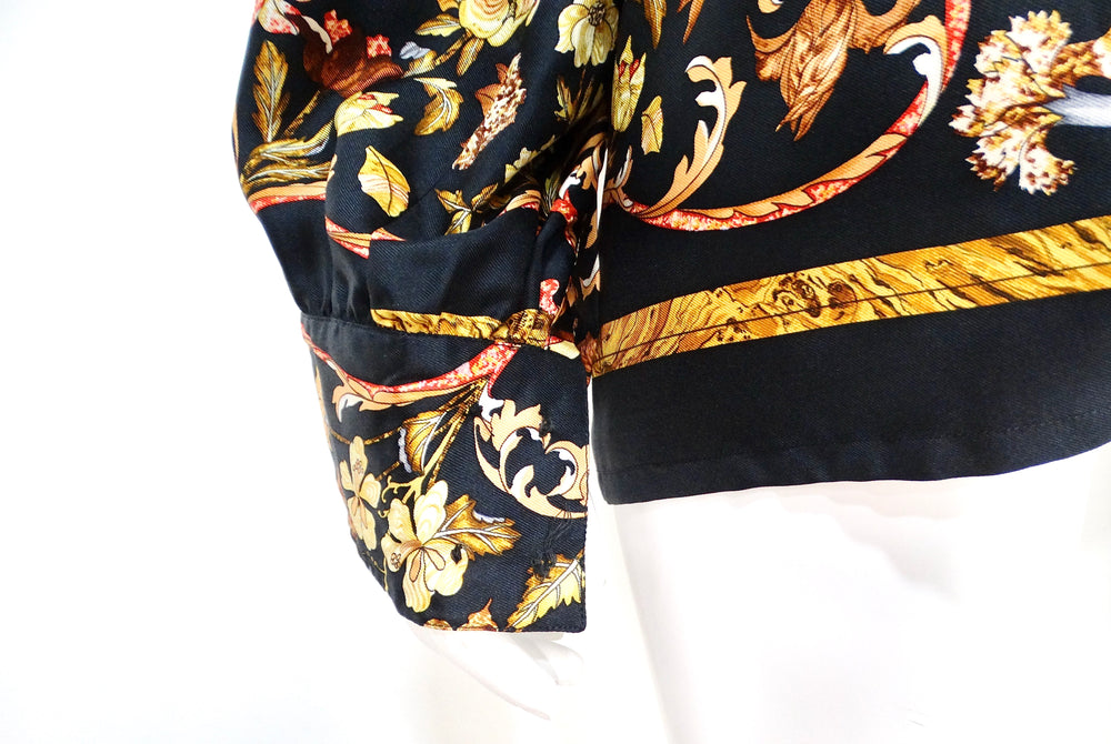 Hermes 1980s Floral and Bird Print Silk Button-Up Long-sleeve Shirt