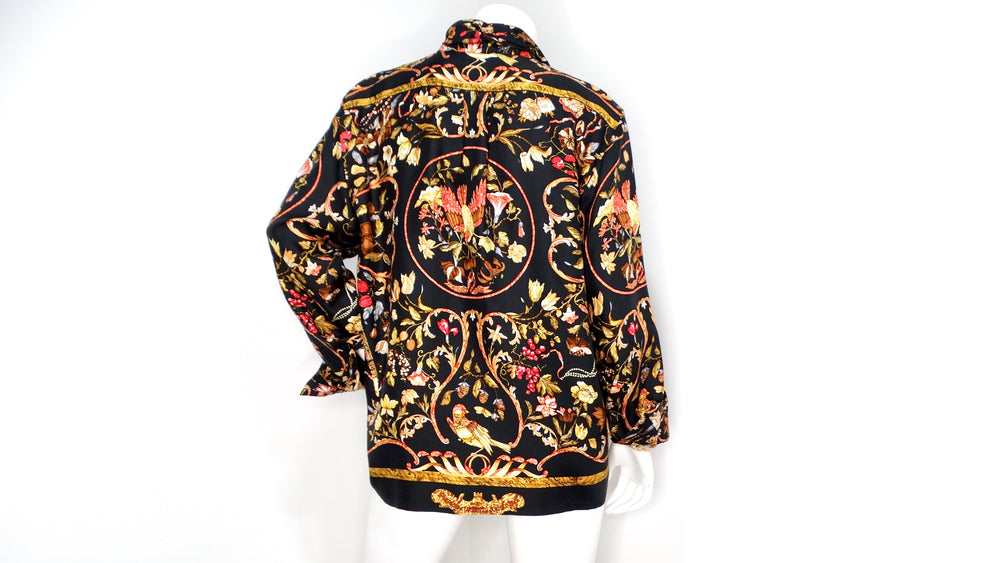 Hermes 1980s Floral and Bird Print Silk Button-Up Long-sleeve Shirt