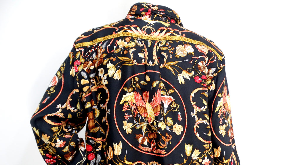 Hermes 1980s Floral and Bird Print Silk Button-Up Long-sleeve Shirt