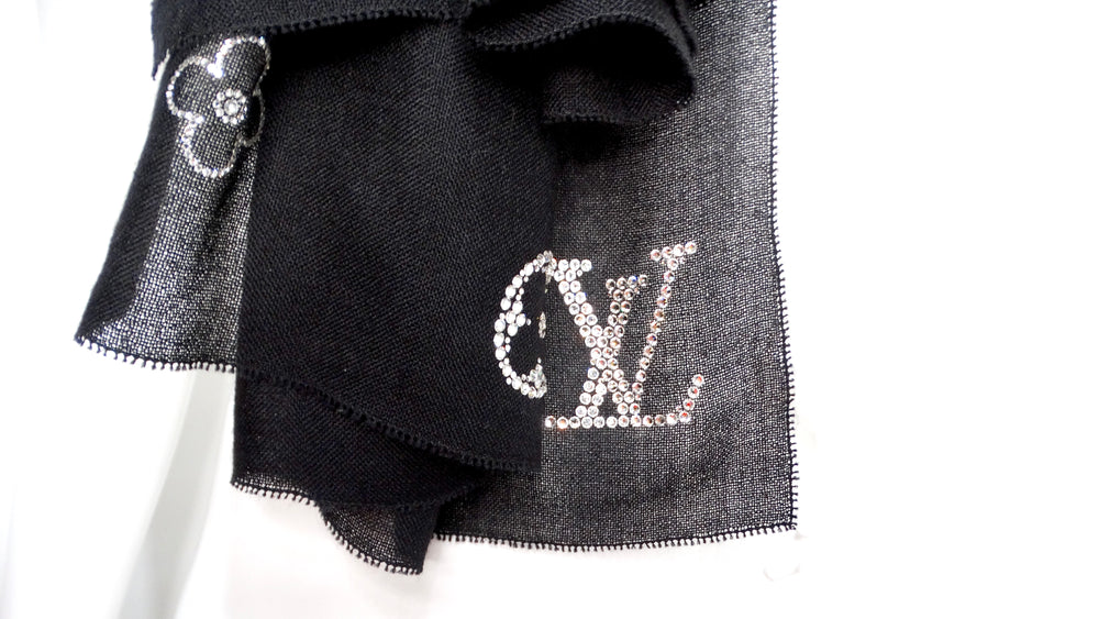 Louis Vuitton Black Cashmere and Swarovski Crystal "Monte Carlo" Monogram Scarf