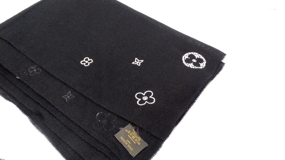 Louis Vuitton Black Cashmere and Swarovski Crystal "Monte Carlo" Monogram Scarf