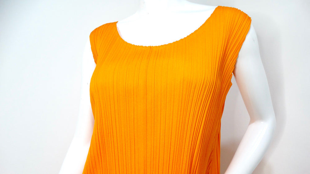 Issey Miyake 1990s Pleats Please Orange Pleated Sleeveless Dress