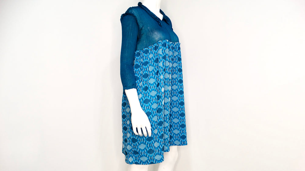 Issey Miyake me 2000s Turquoise Pattern Long-Sleeve Babydoll Dress