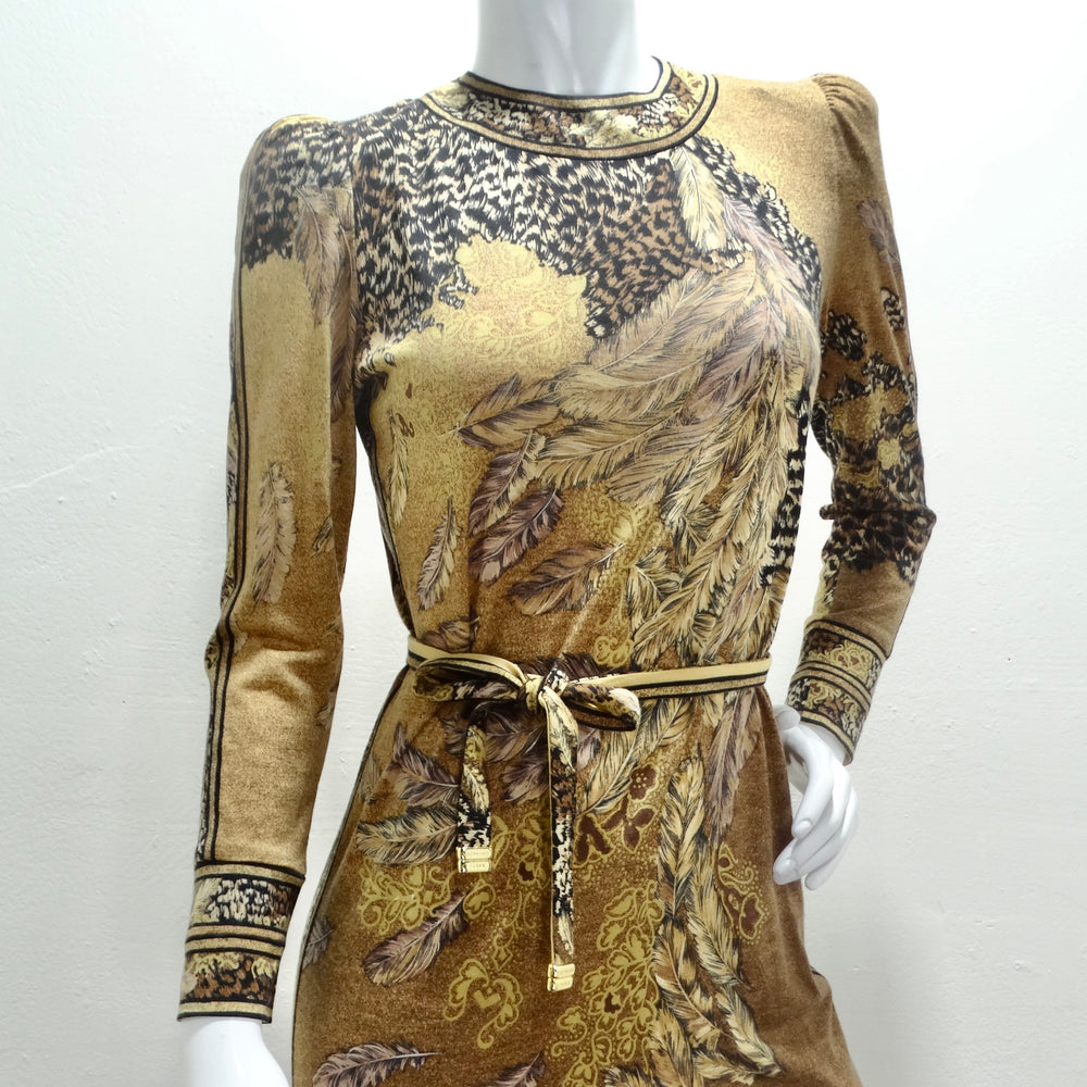 Le Nard 1980s Belted Long Sleeve Feather Print Dress