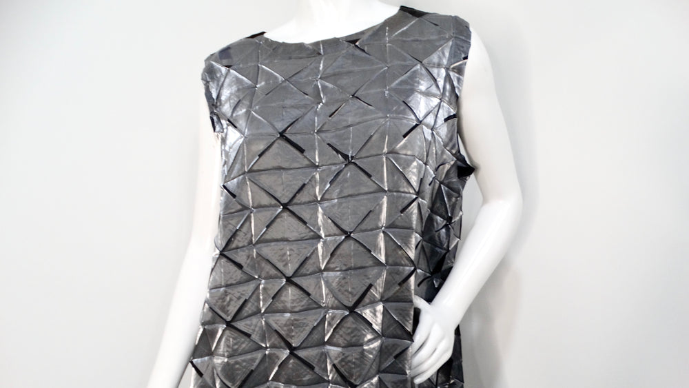 Issey Miyake 1990s Silver Frost Geometric Pleated Sleeveless Maxi Dress