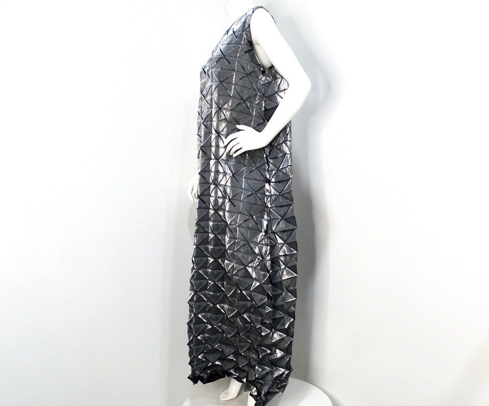 Issey Miyake 1990s Silver Frost Geometric Pleated Sleeveless Maxi Dress