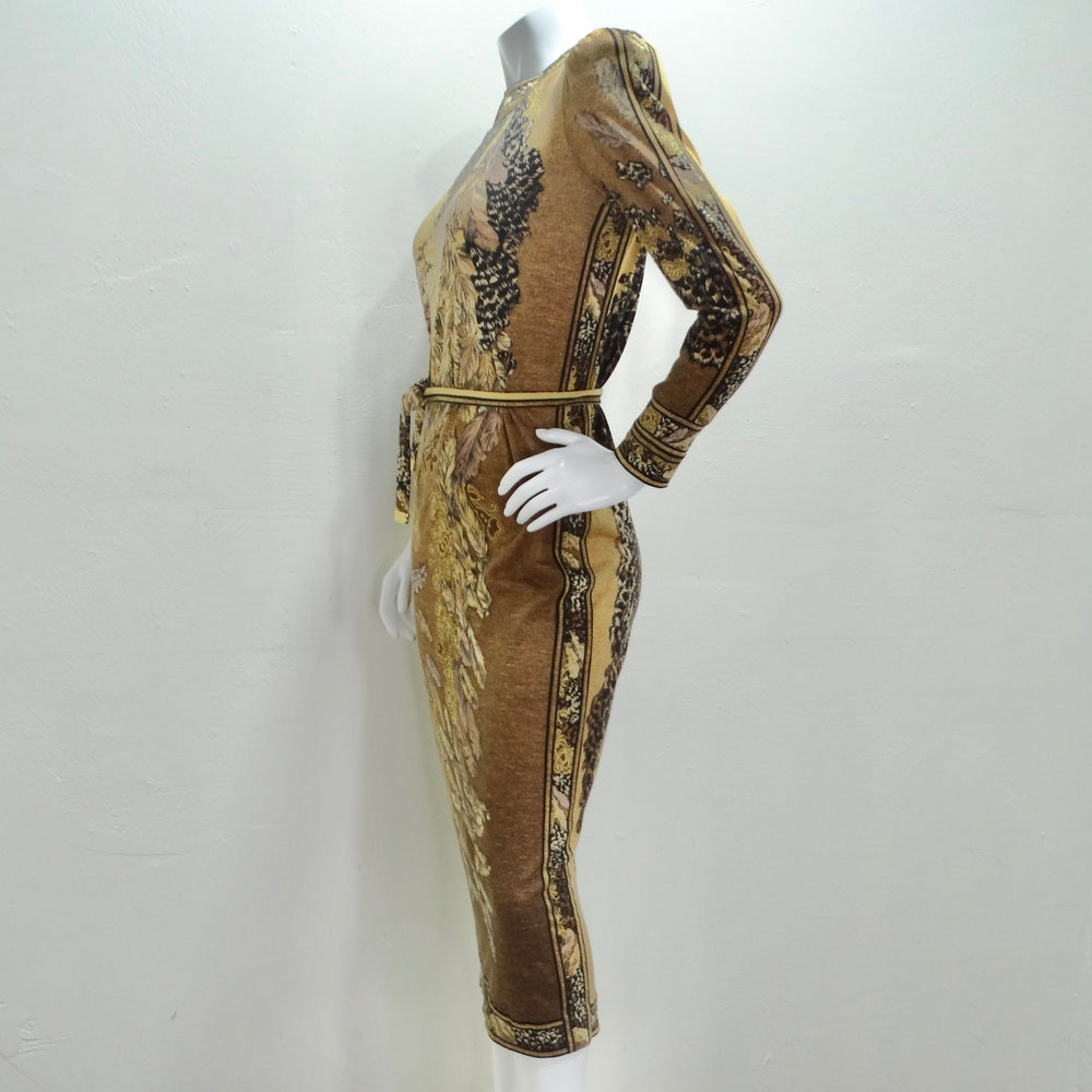 Le Nard 1980s Belted Long Sleeve Feather Print Dress