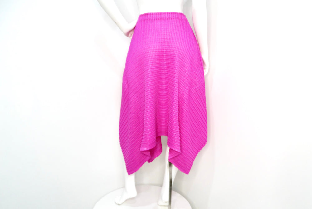 Issey Miyake 1990s Pleats Please Magenta Asymmetric Hem Midi Skirt