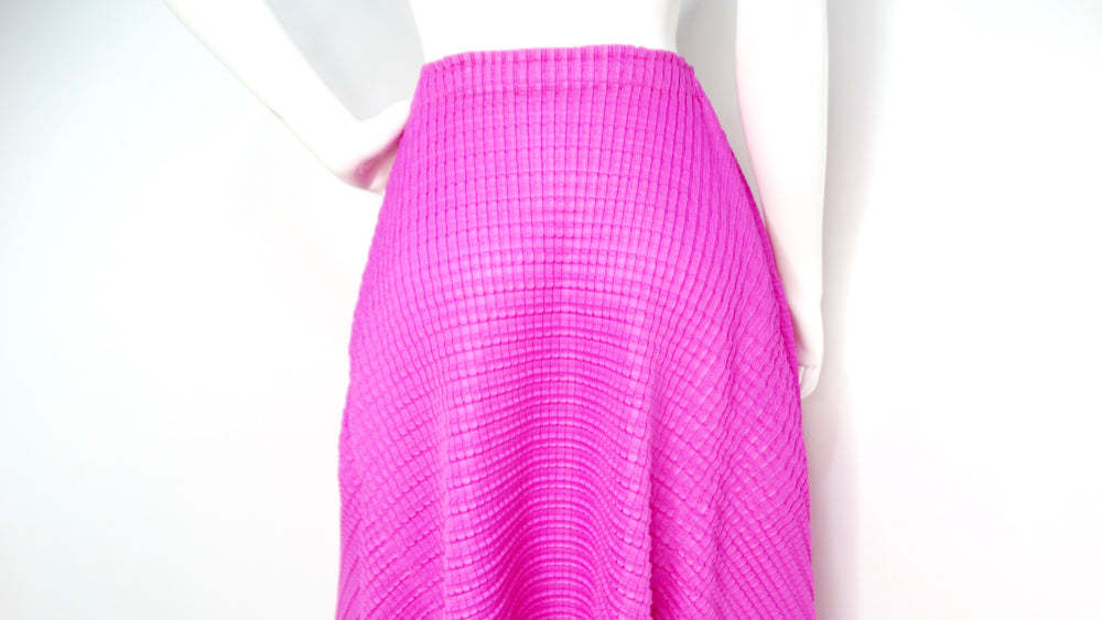 Issey Miyake 1990s Pleats Please Magenta Asymmetric Hem Midi Skirt