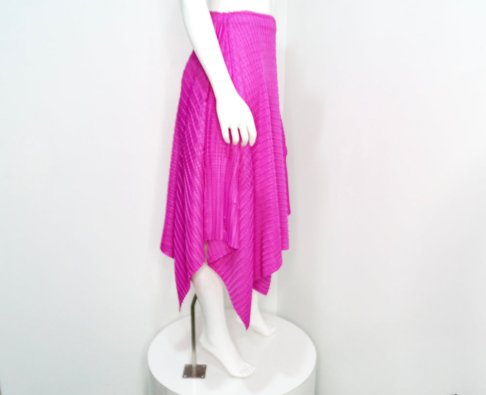 Issey Miyake 1990s Pleats Please Magenta Asymmetric Hem Midi Skirt