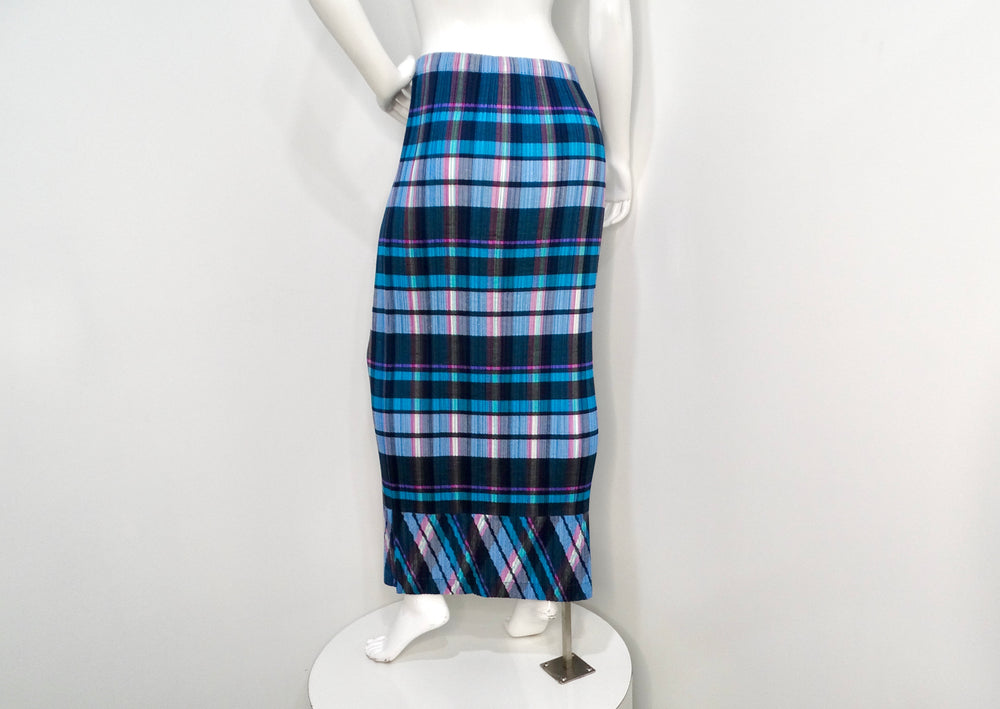 Issey Miyake 1990s Blue and Purple Plaid Print Pleated Maxi Skirt