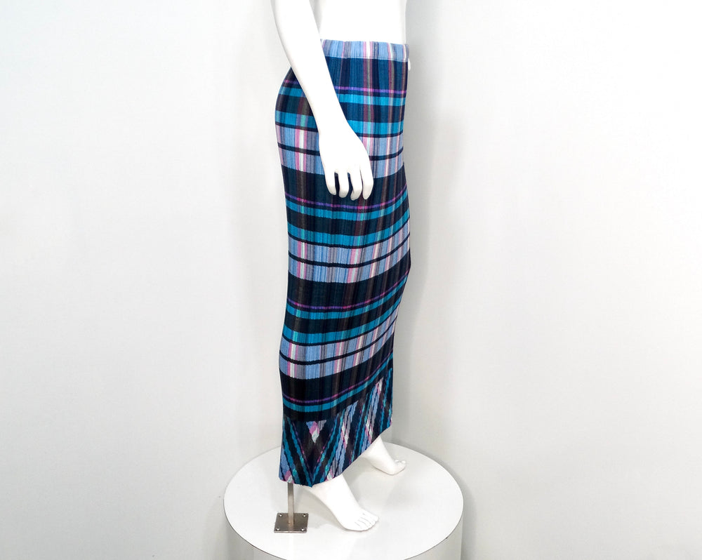 Issey Miyake 1990s Blue and Purple Plaid Print Pleated Maxi Skirt