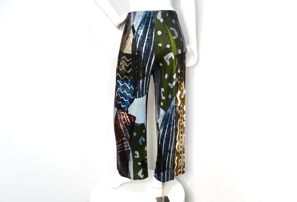 Issey Miyake 1990s Pleats Please Abstract Multicolor Pleated Print Pants