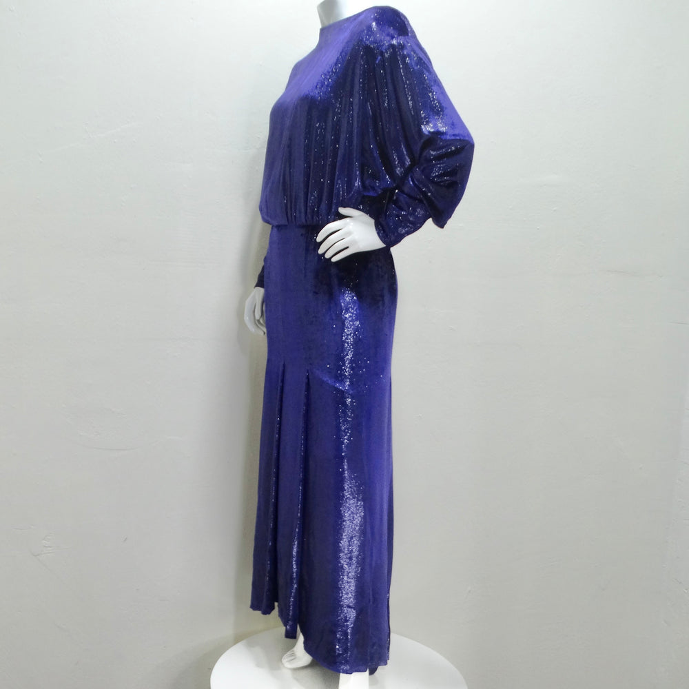 Christian Dior 1980s Metallic Purple Long Sleeve Gown