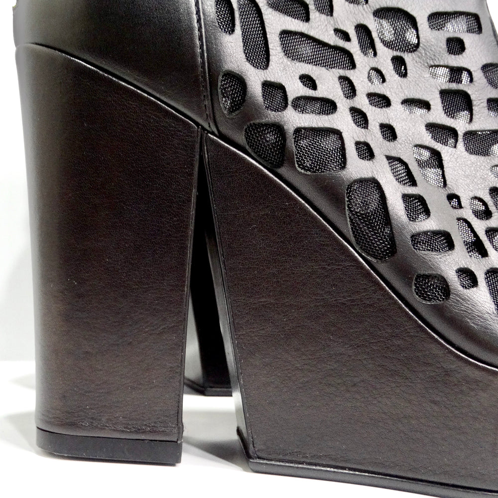 Chanel Black Leather Mesh Cut-Out Peep Toe Platform Ankle Boots