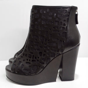 Chanel Black Leather Mesh Cut-Out Peep Toe Platform Ankle Boots