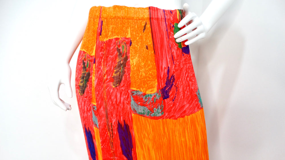 Issey Miyake Orange Abstract Print Pleated Maxi Skirt