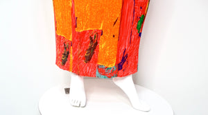 Issey Miyake Orange Abstract Print Pleated Maxi Skirt