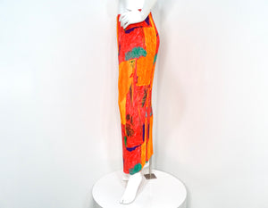 Issey Miyake Orange Abstract Print Pleated Maxi Skirt