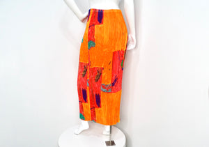 Issey Miyake Orange Abstract Print Pleated Maxi Skirt