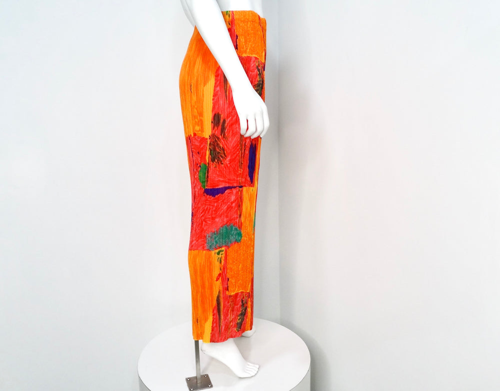 Issey Miyake Orange Abstract Print Pleated Maxi Skirt