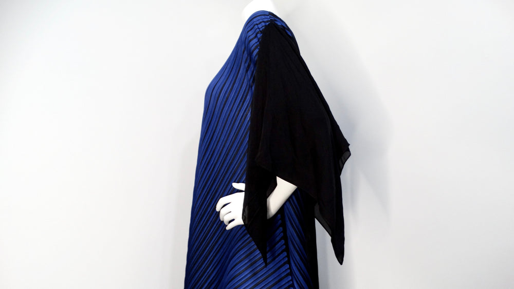 Issey Miyake 1990s Pleats Please Blue & Black Striped Asymmetric Tunic