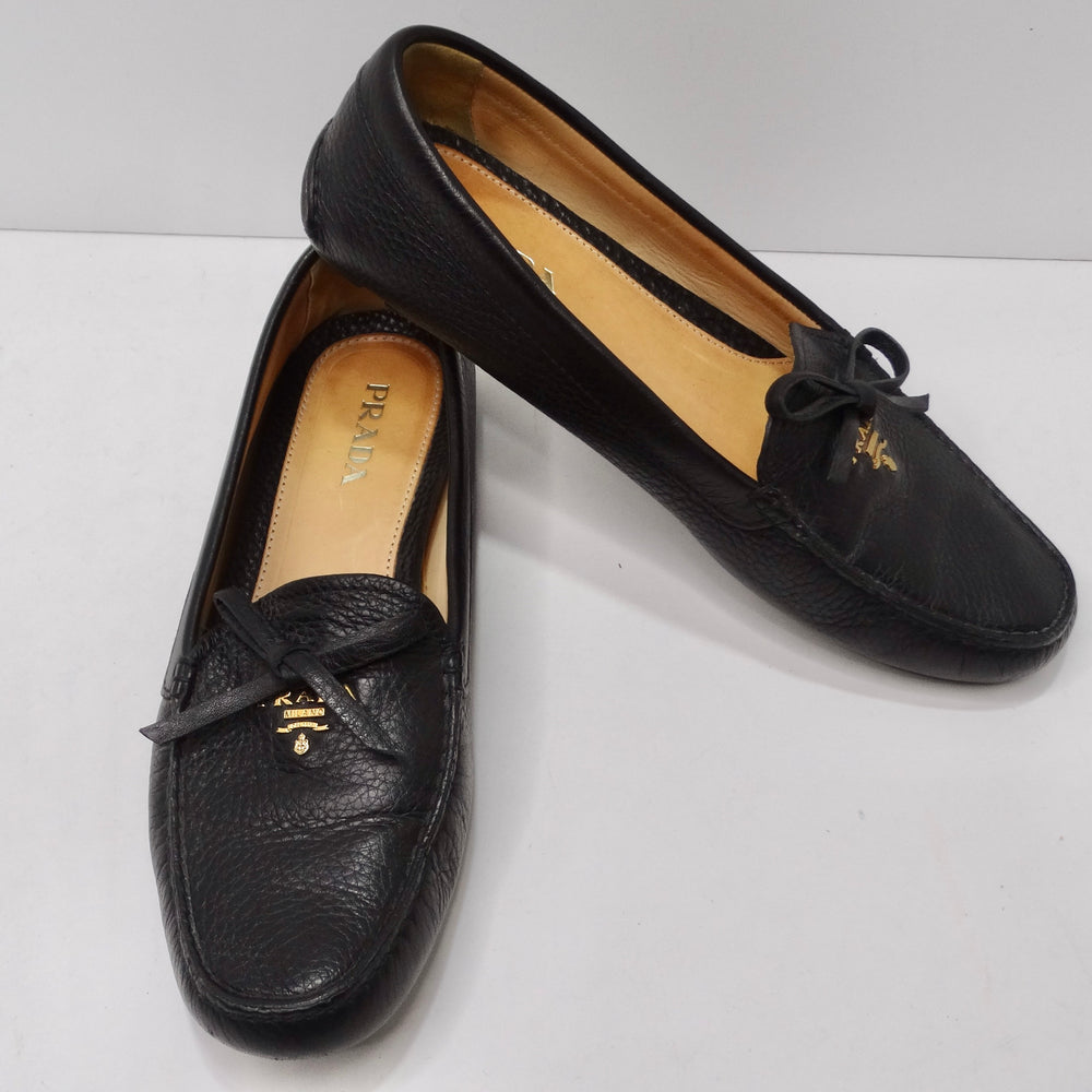 Prada Black Leather Bow Accent Slip On Loafers