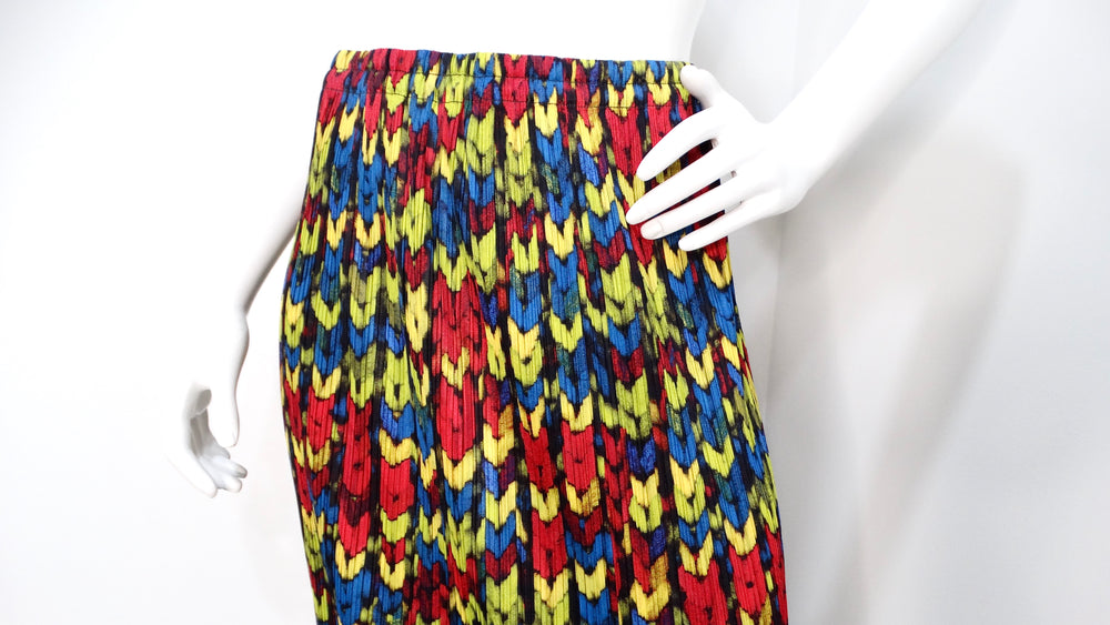 Issey Miyake 1990s Pleats Please Multicolor Pattern Print Maxi Skirt