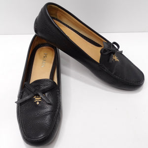 Prada Black Leather Bow Accent Slip On Loafers