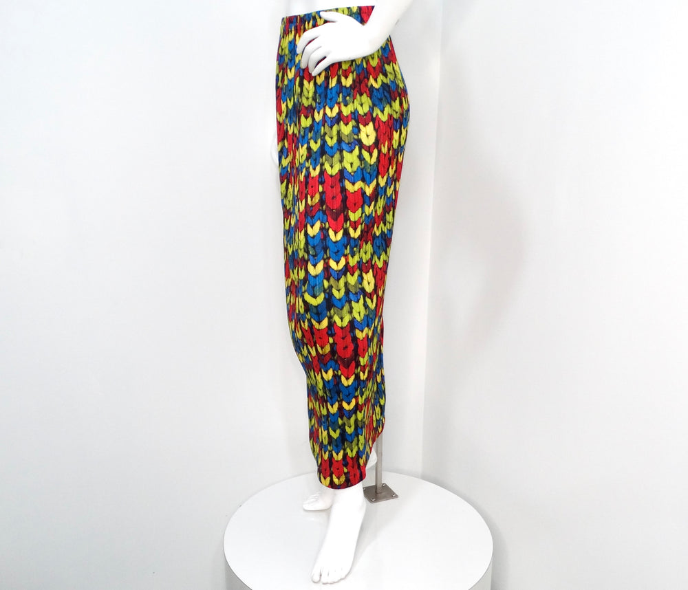 Issey Miyake 1990s Pleats Please Multicolor Pattern Print Maxi Skirt