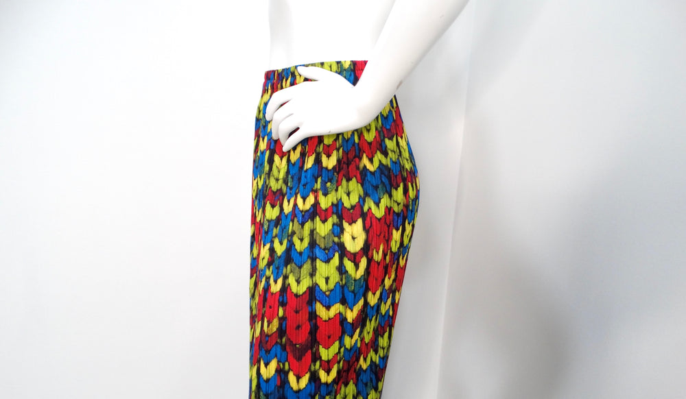 Issey Miyake 1990s Pleats Please Multicolor Pattern Print Maxi Skirt