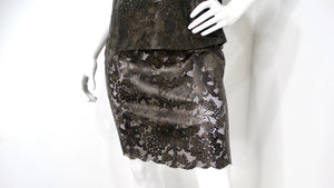 1990s Black Leather Lace Motif Top & Skirt Set