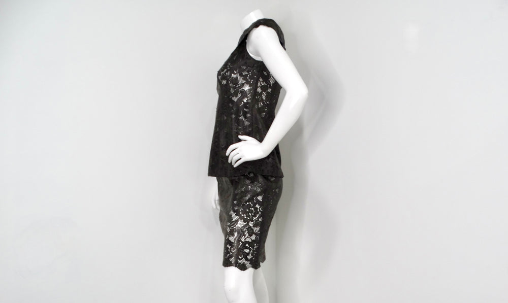 1990s Black Leather Lace Motif Top & Skirt Set
