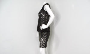 1990s Black Leather Lace Motif Top & Skirt Set