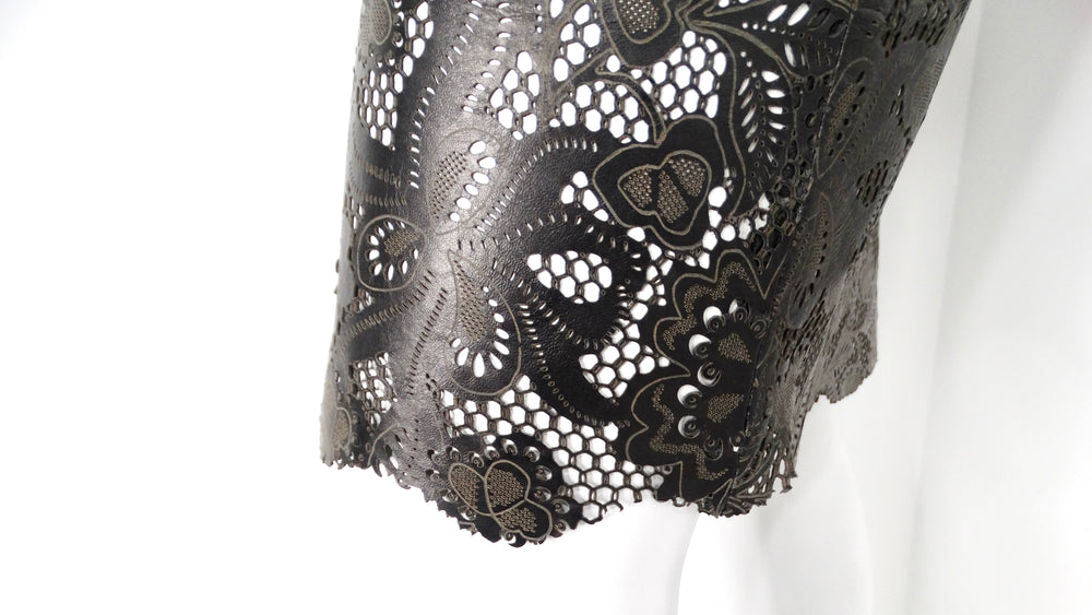 1990s Black Leather Lace Motif Top & Skirt Set