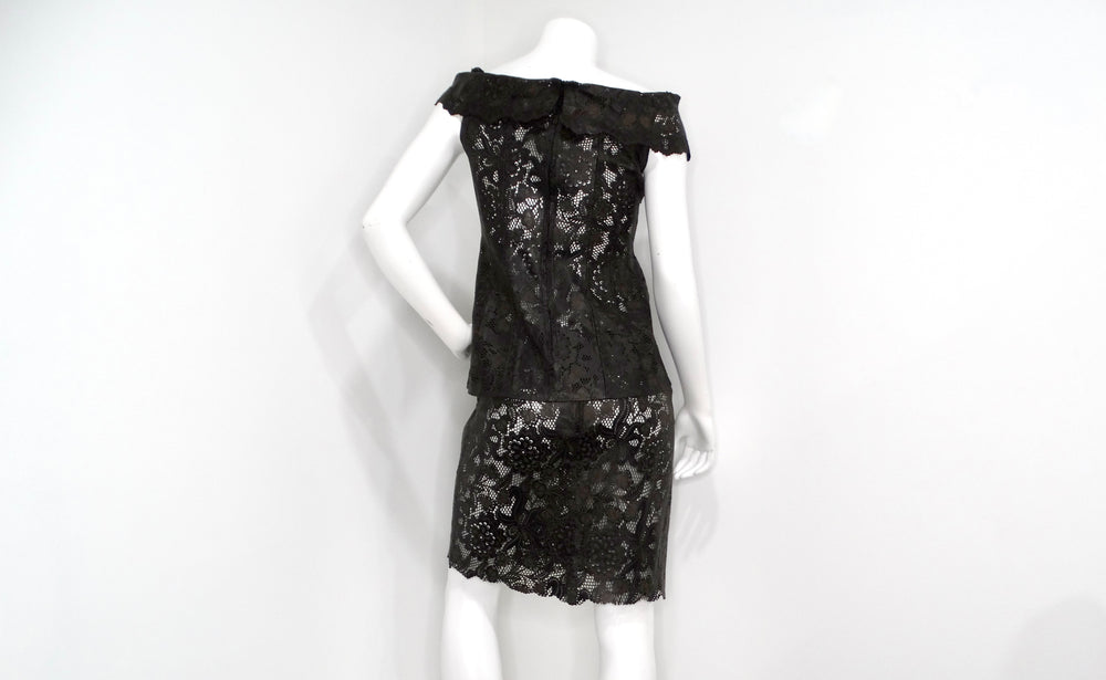 1990s Black Leather Lace Motif Top & Skirt Set