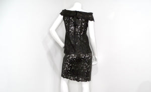 1990s Black Leather Lace Motif Top & Skirt Set