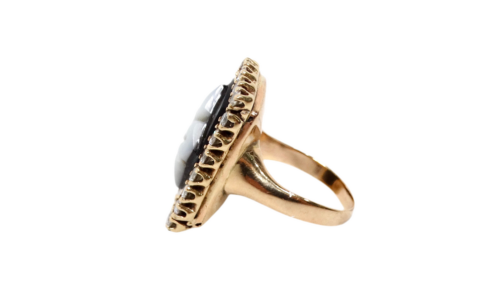 Onyx Flower Motif 24- Diamond Set 14k Yellow Gold Cocktail Ring