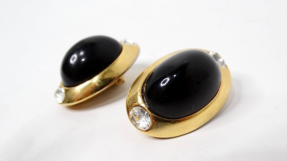 1980s Kenneth Jay Lane Black Cabochon Gold Tone Clip On Earrings