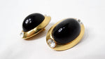 1980s Kenneth Jay Lane Black Cabochon Gold Tone Clip On Earrings