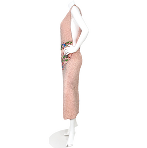 Pink Handmade Glass Beaded Embroidery Print Sleeveless Dress circa 1940s