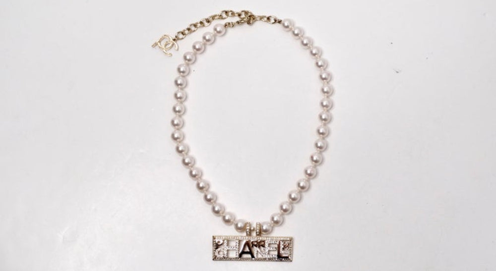 Chanel x Pharrell Williams Crystal Logo Costume Pearl Necklace 2019